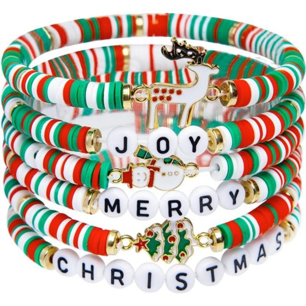 ✨ Christmas Beaded Bracelet Set (6pcs) | Festive Holiday Jewelry